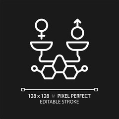 2D pixel perfect editable white molecules with male and female balance icon, isolated monochromatic vector, thin line illustration representing metabolic health.