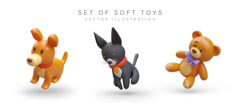 Set of soft toys. 3d realistic dog, cute kitten and teddy bear on gray background. Placard with different toys for store. Vector illustration with place for text