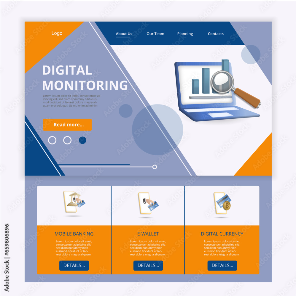 Poster digital monitoring flat landing page website template. mobile banking, e-wallet, digital currency. w