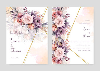 Pink and purple violet rose wedding invitation card template with flower and floral watercolor texture vector