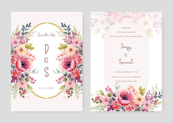 Pink peony luxury wedding invitation with golden line art flower and botanical leaves, shapes, watercolor