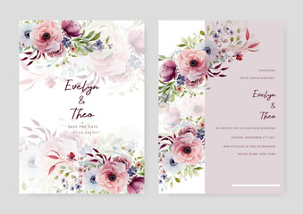 Pink and blue poppy artistic wedding invitation card template set with flower decorations