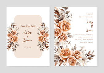 Fototapeta premium Brown rose set of wedding invitation template with shapes and flower floral border