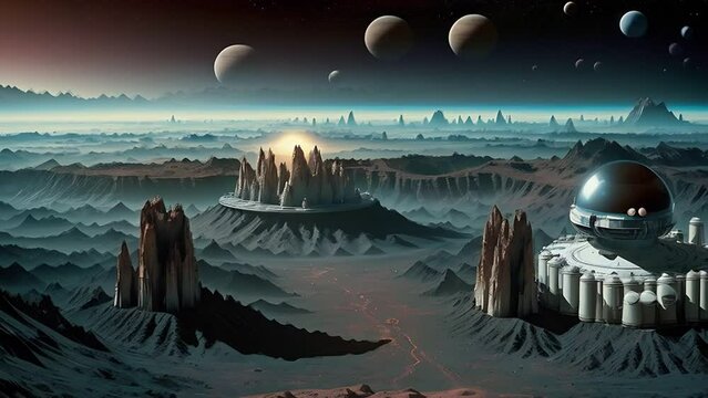 Alien ecosystem on exoplanet Kepler-22b. Created with the help of artificial intelligence. AI generative.