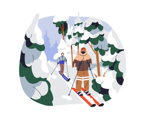 Winter skiing. Skiers couple, friends in forest, snow trees on vacation. People outdoors during sports activity in nature in cold weather. Flat vector illustration isolated on white background