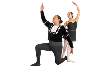 hispanic ballerina performing classical ballet with a smiling african american male dancer png isolated on a white or transparent background, ballet dancer couple practicing