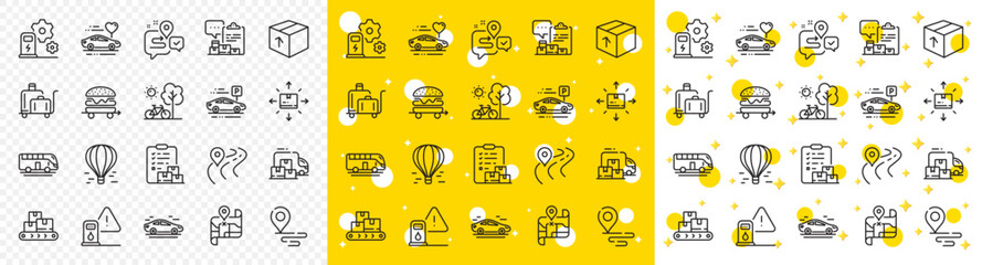 Outline Luggage trolley, Inventory report and Wholesale goods line icons pack for web with Charging station, Package, Honeymoon travel line icon. Place, Car, Delivery report pictogram icon. Vector