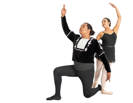 hispanic ballerina performing classical ballet with a smiling african american male dancer png isolated on a white or transparent background, ballet dancer couple practicing