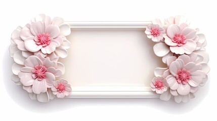 White frame with pink flowers on a white background