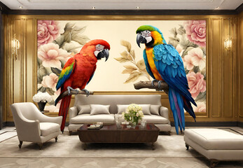 two parrots on a branch, 
Parrot Pair on a Sunny Perch, 
 Birds in Natural Harmony