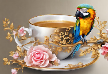 Teatime Harmony with a Colorful Guest, 
Parrot's Tea-time Visit, 
A Cup of Tea and a Parrot's Company