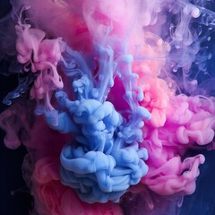 Fototapeta premium Soft chimney smoke, top down, blue, purple and pink colors, black background Generative AI