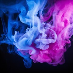 Fototapeta premium Soft chimney smoke, top down, blue, purple and pink colors, black background Generative AI