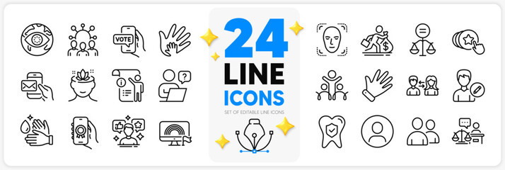 Icons set of Cyber attack, Online voting and Manual doc line icons pack for app with Online question, Court judge, Users thin outline icon. Hold heart, Salary, Yoga mind pictogram. Vector