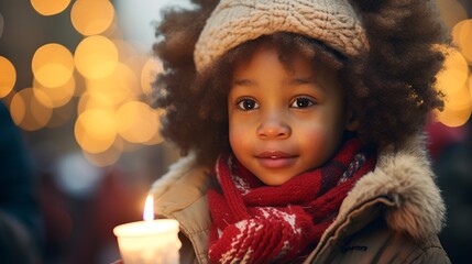 Fototapeta na wymiar Joyful african american child holding candle amidst warm evening Bokeh lights. Merry christmas.