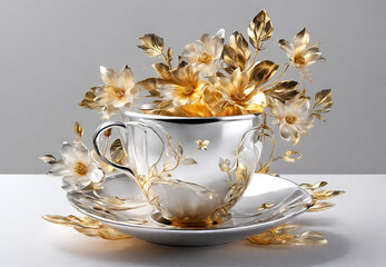 Tea Cups with Gilded Tea Leaves,
Luxury Tea Setting with Gilded Leaves, 
Golden Tea Leaves in Exquisite Teacups