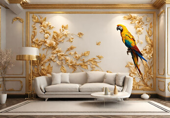 Jungle Fantasy Murals, 
Nature-Inspired Artwork, 
Tropical Elegance Decor, 
Vibrant Parrot Impressions, 
Exotic Living Room Ideas