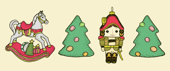 Nutcracker, Christmas toys, celebration, Christmas tree, toy horse, Christmas decorations, illustration , holidays	