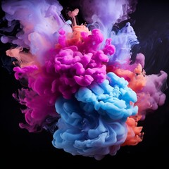Obraz premium Soft chimney smoke, top down, blue, purple and pink colors, black background Generative AI