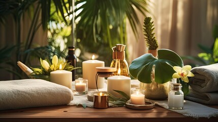 Exquisite display of beauty treatment arranged on spa table in Relaxing and luxury spa resort - Powered by Adobe