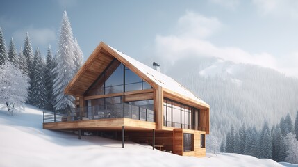 Modern wooden house in winter mountain. Beautiful sunny day. Winter concept.