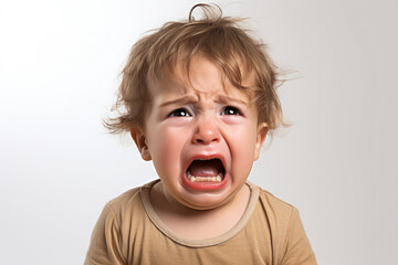 a closeup photo of a cute little baby child crying and screaming isolated on white background