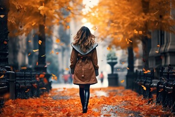 A woman wearing a textured autumn coat walking on a street lined with fallen leaves