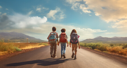 children walk along path with backpacks, happy time to go to school