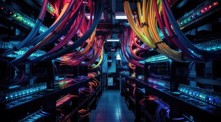 Close-up shot of networking cable management located in the server room