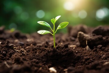 Fototapeta premium Young green tree plant sprout growing up from the black soil. Growth new life concept.