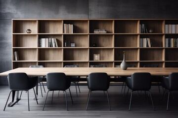 Front view of empty modern conference room with office table and chairs.