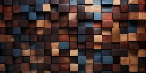 Abstract block stack wooden ubes on the wall for background banner panorama - Brown wood texture