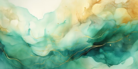 Abstract watercolor paint background illustration - Soft pastel green aquamarine color and golden lines, with liquid fluid marbled paper texture banner texture