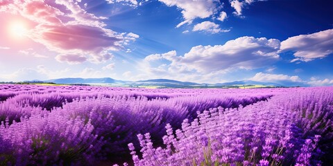 Agriculture harvest background landscape panorama - Closeup of blooming lavender field