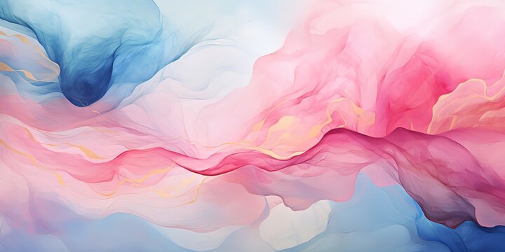 Abstract watercolor paint background illustration - Soft pastel pink blue color and golden lines, with liquid fluid marbled paper texture banner texture