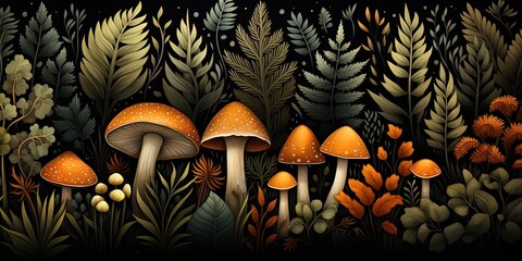 Fototapeta na wymiar Autumn background wallaper illustration texture - Different autumnal leaves, plants and mushrooms, seasonal colors, seamless pattern