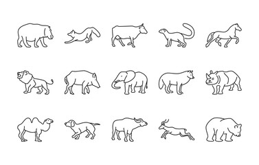 Animals linear vector icons. Isolated outline of animals hippopotamus, fox, cow and more on a white background. Vector animals symbol set.