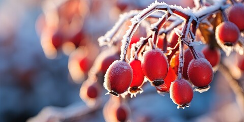 Close up of ripe frozen red rosehip( rosa canina) in winter with ice crystals - Powered by Adobe