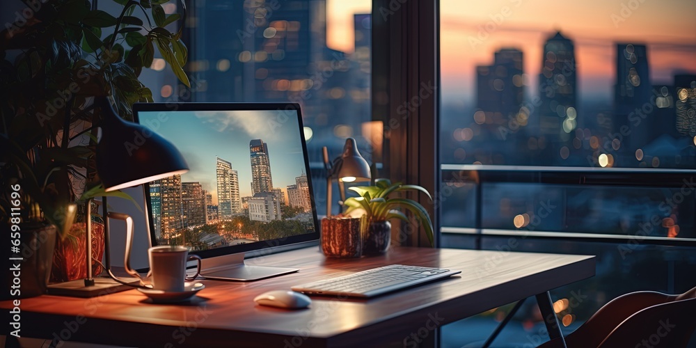 Aufkleber desktop computer on a desk next to a window.