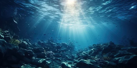 Foto op Aluminium Dark blue water of a deep ocean with sun rays reaching the rocky seabed. Beautiful underwater landscape. © Влада Яковенко