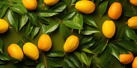 Creative food summer mangos fruits banner - Top view of many fresh ripe mango and tropical leaves, isolated on yellow background texture