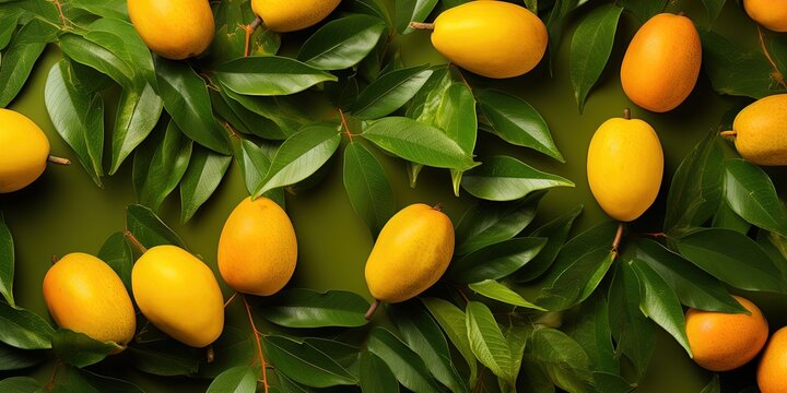 Creative Food Summer Mangos Fruits Banner - Top View Of Many Fresh Ripe Mango And Tropical Leaves, Isolated On Yellow Background Texture