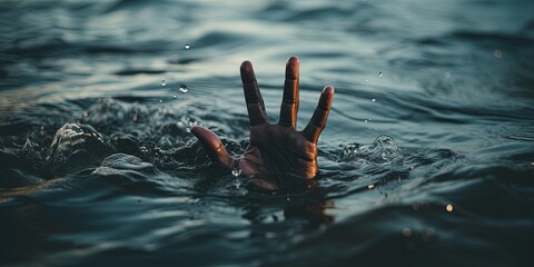 Hand in sea asking help. person drowning and sinking. - obrazy, fototapety, plakaty