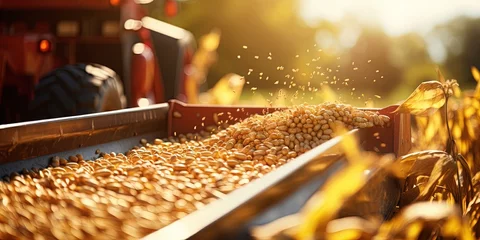 Fotobehang Harvester pouring freshly harvested corn maize seeds or soybeans into container trailer near, closeup detail, afternoon sunshine. Agriculture concept © Влада Яковенко