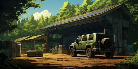 Illustration of automobile parked against electric vehicle supply equipment in green forest on sunny summer day - Powered by Adobe