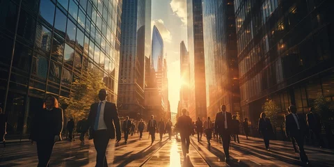 Foto op Aluminium Lots of business people walking in City. Beautiful morning sun light reflects in skyscrapers walls © Влада Яковенко