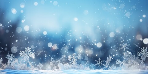Magical winter background with snow, snowflakes and soft bokeh lights on blue sky, cold backdrop...