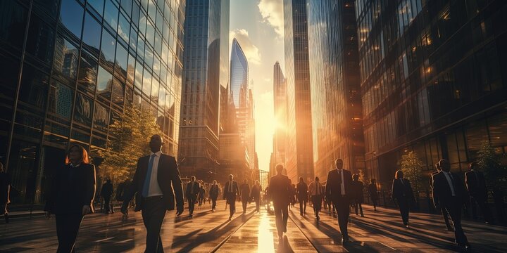 Lots Of Business People Walking In City. Beautiful Morning Sun Light Reflects In Skyscrapers Walls