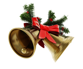 Obraz na płótnie Canvas Golden Christmas bells, red ribbon and pine tree branches isolated on white background. 3D illustration