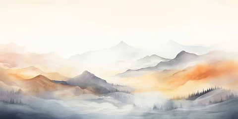 Papier Peint photo Lavable Blanche Soft pastel color watercolor abstract brush painting art of beautiful mountains, mountain peak minimalism landscape with golden lines, panorama banner illustration, white background